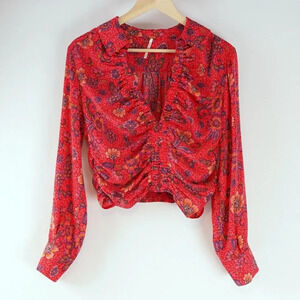 Free People Got You Floral Cinch Blouse in Ruby - S - EUC
